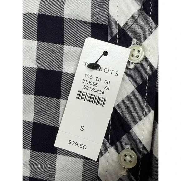 Talbots Top Womens Small Navy Gingham Popover Tunic Long Sleeve 100% Cotton NWT - Picture 7 of 10